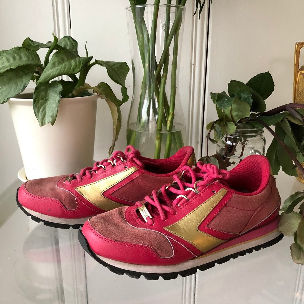 Brooks Sneaker, Hot Pink & Gold Suede Leather